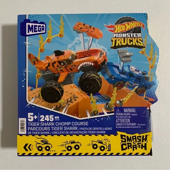 Mega Hot Wheels Smash & Crash Monster Trucks Tiger Shark Chomp Course-New